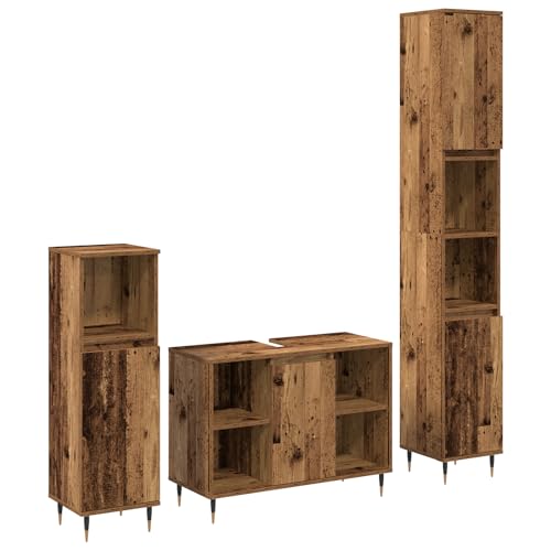 Massbinet 3-teiliges Badezimmer Möbel Set Altholz Massivholz-Badarbeitsplatten Massivholz-Lagerschränke von Massbinet