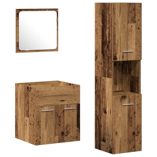 Massbinet 3-teiliges Badezimmermöbelset Alter Holz Werkholz Spiegelschrank Waschtisch Hochschrank Möbel von Massbinet