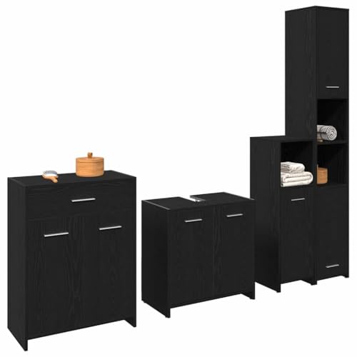 Massbinet 4-TLG. Badmöbel-Set Schwarz Eiche Holzwerkstoff Einfache Mode Stil Badezimmer Schrank Badezimmer Möbel von Massbinet