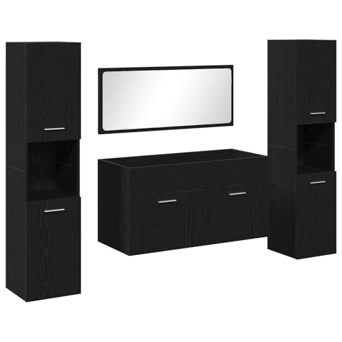 Massbinet 4-TLG. Badmöbel-Set Schwarz Eiche Holzwerkstoff Spiegelschrank Waschtisch Hochschrank Möbel von Massbinet