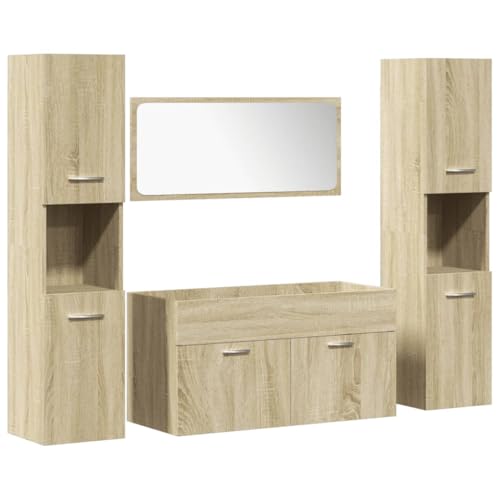 Massbinet 4-TLG. Badmöbel-Set Sonoma-Eiche Holzwerkstoff Spiegelschrank Waschtisch Hochschrank Möbel von Massbinet
