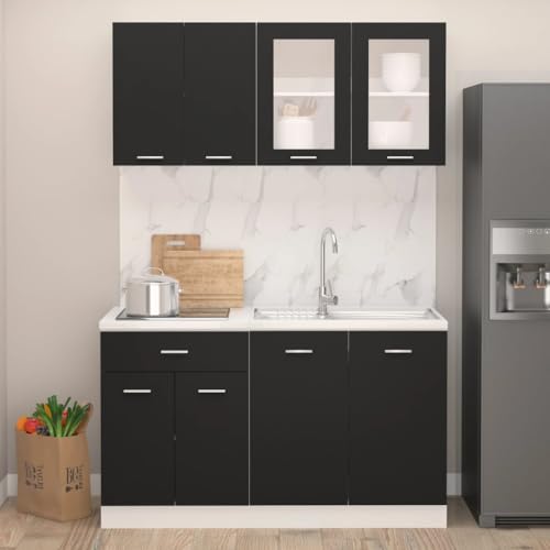 Massbinet 4-TLG. Küchenzeile Lyon Schwarz Holzwerkstoff Regal Sideboard für Küche Wohnzimmer Esszimmer von Massbinet