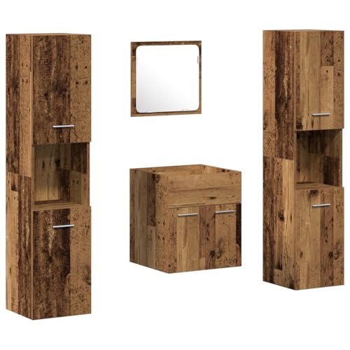 Massbinet 4-teiliges Badezimmermöbel-Set - Altes Holz Badmöbel Waschbecken Spiegelschrank Unterschrank von Massbinet