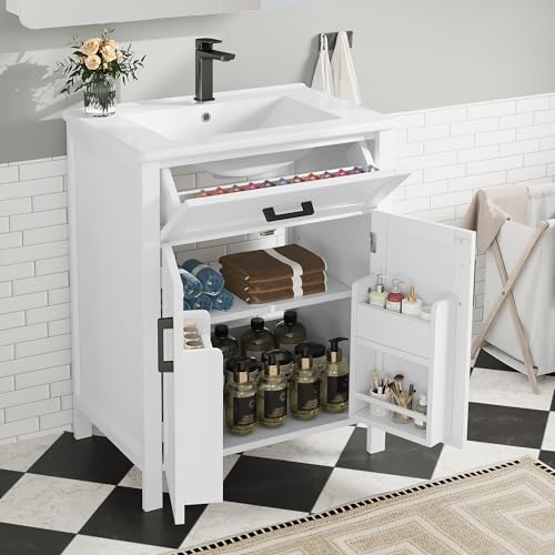 Massbinet 60 x 46 x 84 8 cm Bodenstehender Badezimmerschrank mit Waschbecken Waschtisch Volllackierung Doppeltürregale praktische Schubladen verstellbare Regale integriertes Keramikwaschbecken weiß von Massbinet