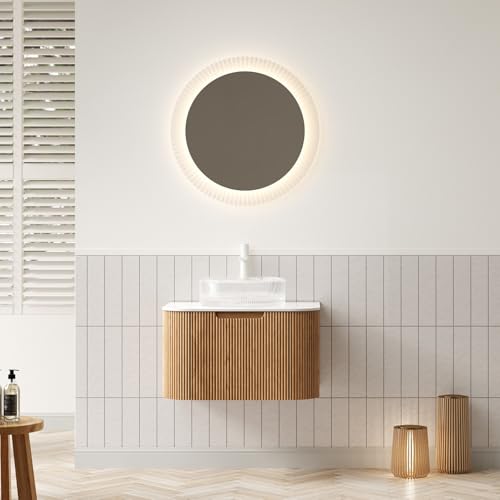 Massbinet 61cm Hängende Badezimmer-Waschtisch mit Transparentes Rundes Glasbecken, Weiße Arbeitsplatte, Gebogene Kanten Gestreifter Sperrholzschrank mit Schublade von Massbinet