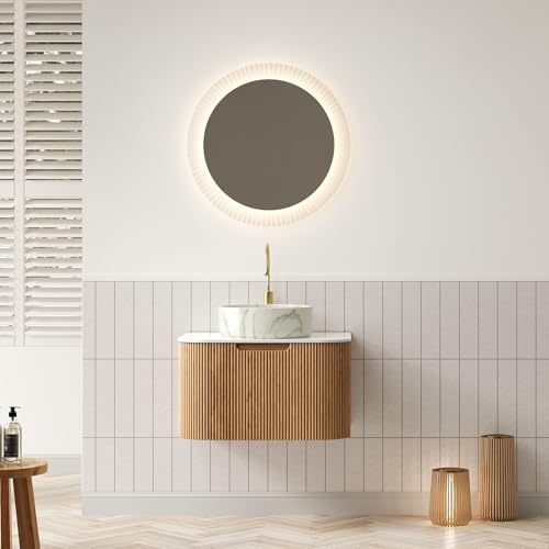 Massbinet 61cm Hängende Badezimmer-Waschtisch mit Weißem Rund Keramikbecken mit Steinmuster und Platte, Gebogene Kanten Gestreifter Sperrholzschrank mit Schublade von Massbinet