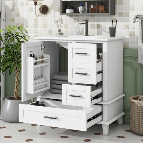Massbinet 76x46x83 5cm Bodenstehender Badezimmerschrank mit Waschbecken Waschtisch Volllackierung Türregal DREI geräuschlose Schubladen integriertes Keramikwaschbecken weiß von Massbinet