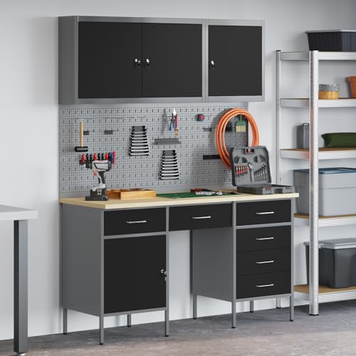 Massbinet 8-TLG. Werkstattschrank-Set mit Stecktafel Schwarz MDF Metall Massive Buchenarbeitsplatte Packtisch Stahl Dedizierte Werkzeugbank Massbinet 8-TLG. Werkstattschrank-Set mit Stecktafel Schwarz MDF Metall Massive Buchenarbeitsplatte Packtisch Stahl Dedizierte Werkzeugbank von Massbinet