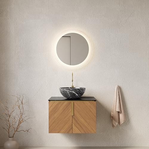 Massbinet ARAI 61cm Wandhalterung Badezimmer-Waschtisch mit schwarzer Schüssel Keramikbecken mit Steinmuster, Arbeitsplatte aus schwarzem Sinterstein, Sperrholzschrank mit 2 Türen von Massbinet