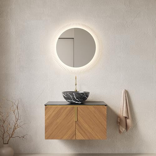Massbinet ARAI 76cm Wandhalterung Badezimmer-Waschtisch mit Schwarzer Schüssel Keramikbecken mit Steinmuster, Arbeitsplatte aus schwarzem Sinterstein, Sperrholzschrank mit 2 Türen Massbinet ARAI 76cm Wandhalterung Badezimmer-Waschtisch mit Schwarzer Schüssel Keramikbecken mit Steinmuster, Arbeitsplatte aus schwarzem Sinterstein, Sperrholzschrank mit 2 Türen von Massbinet