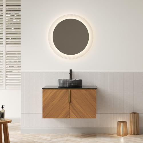 Massbinet ARAI 76cm Wandhalterung Badezimmer-Waschtisch mit Transparentes Schwarzes Rundes Glasbecken, Arbeitsplatte aus schwarzem Sinterstein, Sperrholzschrank mit 2 Türen von Massbinet
