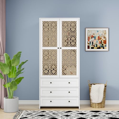 Massbinet Aufbewahrungsschrank mit Schnitzmuster Boho Garderobenschrank mit Rattangeflecht 3 Schubladen und Kleiderstange aus Aluminiumlegierung Massbinet Aufbewahrungsschrank mit Schnitzmuster Boho Garderobenschrank mit Rattangeflecht 3 Schubladen und Kleiderstange aus Aluminiumlegierung von Massbinet