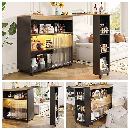 Massbinet Ausziehbarer Bartisch mit Stauraum Moderner Beweglicher Bar Bartisch mit LED Stehtisch Bistrotisch Hochtisch Kücheninsel Bistro Table Großer Stauraum Schwaz(138-204×39×105cm) von Massbinet