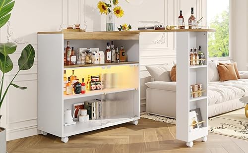 Massbinet Ausziehbarer Bartisch mit Stauraum Moderner Beweglicher Bar Bartisch mit LED Stehtisch Bistrotisch Hochtisch Kücheninsel Bistro Table Großer Stauraum Weiß(138-204×39×105cm) von Massbinet