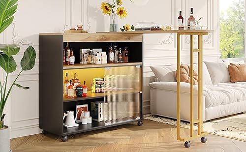 Massbinet Ausziehbarer Bartisch mit Stauraum Moderner Beweglicher Bar Table Teleskopischer Bartisch mit LED Stehtisch Bistrotisch Hochtisch Kücheninsel Bistro Table Schwarz(138-204×39×105cm) von Massbinet