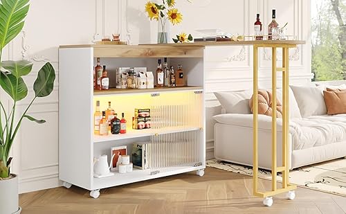 Massbinet Ausziehbarer Bartisch mit Stauraum Moderner Beweglicher Bar Table Teleskopischer Bartisch mit LED Stehtisch Bistrotisch Hochtisch Kücheninsel Bistro Table Weiß(138-204×39×105cm) von Massbinet