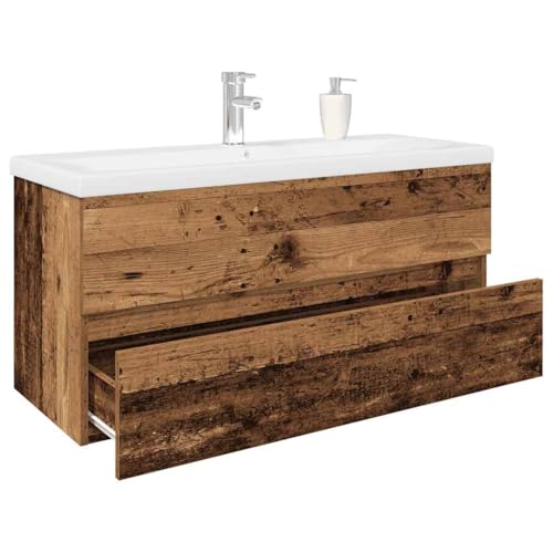 Massbinet Badezimmermöbel Set Unterschrank mit Keramikwaschbecken Spiegelschrank Hochscrank Altholz 100 x 38.5 x 45 cm Mit Wasserhahn & Abfluss von Massbinet