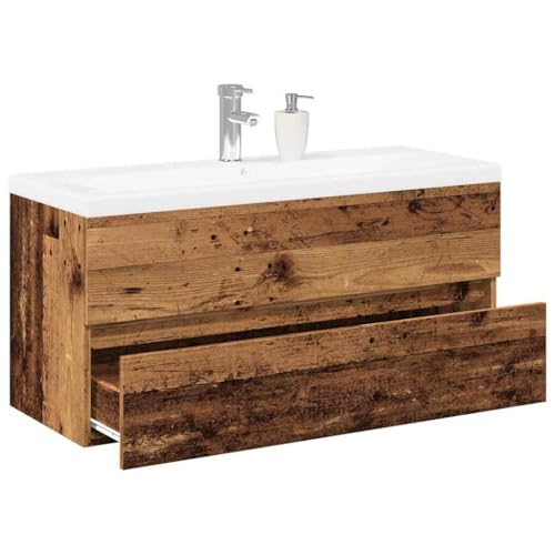 Massbinet Badezimmermöbel Set Unterschrank mit Keramikwaschbecken Spiegelschrank Hochscrank Altholz 100 x 38.5 x 45 cm Ohne Wasserhahn & Abfluss von Massbinet