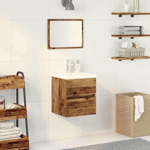 Massbinet Badezimmermöbel Set Unterschrank mit Keramikwaschbecken Spiegelschrank Hochscrank Altholz 41 x 38,5 x 45 cm Mit Wasserhahn und Ablauf von Massbinet