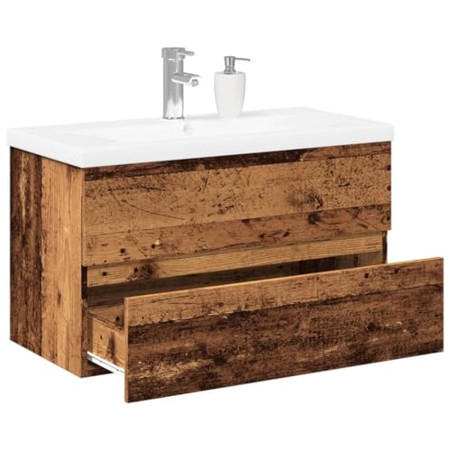 Massbinet Badezimmermöbel Set Unterschrank mit Keramikwaschbecken Spiegelschrank Hochscrank Altholz 80 x 38.5 x 45 cm Ohne Wasserhahn & Abfluss von Massbinet