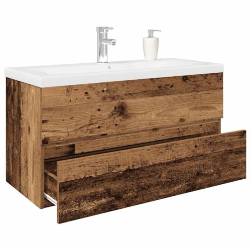 Massbinet Badezimmermöbel Set Unterschrank mit Keramikwaschbecken Spiegelschrank Hochscrank Altholz 90 x 38.5 x 45 cm Mit Wasserhahn & Abfluss von Massbinet