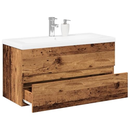 Massbinet Badezimmermöbel Set Unterschrank mit Keramikwaschbecken Spiegelschrank Hochscrank Altholz 90 x 38.5 x 45 cm Ohne Wasserhahn & Abfluss von Massbinet