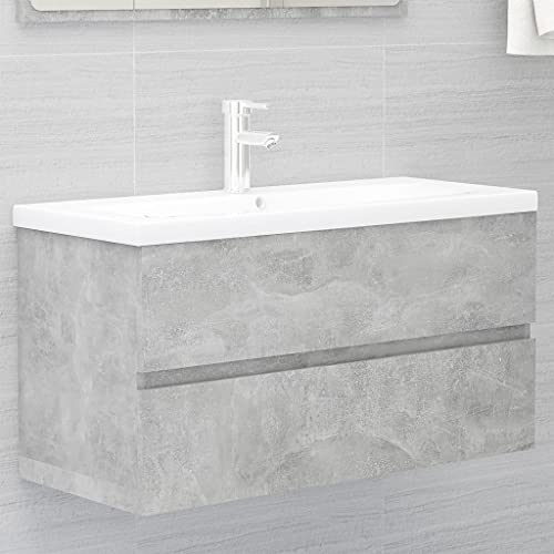 Massbinet Badezimmermöbel Set Unterschrank mit Keramikwaschbecken Spiegelschrank Hochscrank Betongrau 90 x 38.5 x 45 cm Mit Wasserhahn & Abfluss von Massbinet