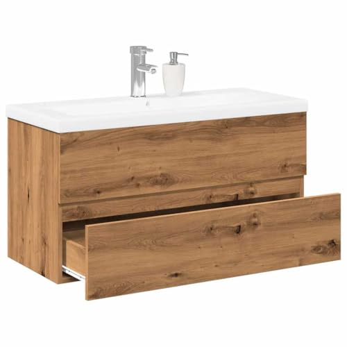 Massbinet Badezimmermöbel Set Unterschrank mit Keramikwaschbecken Spiegelschrank Hochscrank Eiche handwerklich 100 x 38.5 x 45 cm Ohne Wasserhahn & Abfluss von Massbinet