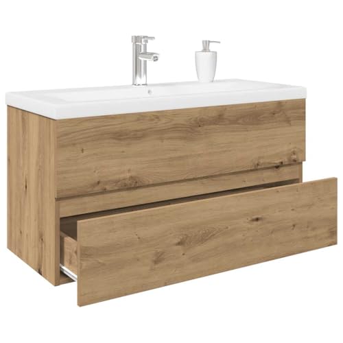 Massbinet Badezimmermöbel Set Unterschrank mit Keramikwaschbecken Spiegelschrank Hochscrank Eiche handwerklich 90 x 38.5 x 45 cm Mit Wasserhahn & Abfluss von Massbinet