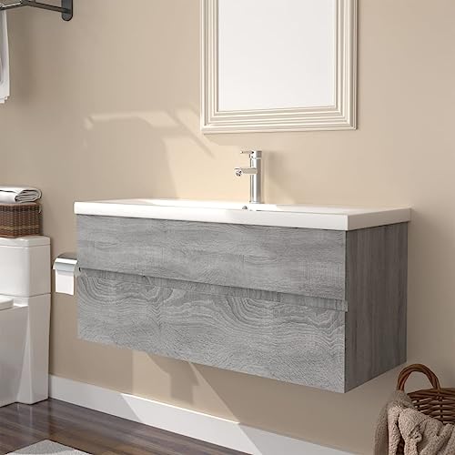 Massbinet Badezimmermöbel Set Unterschrank mit Keramikwaschbecken Spiegelschrank Hochscrank Grau Sonoma 100 x 38.5 x 45 cm Ohne Wasserhahn & Abfluss von Massbinet