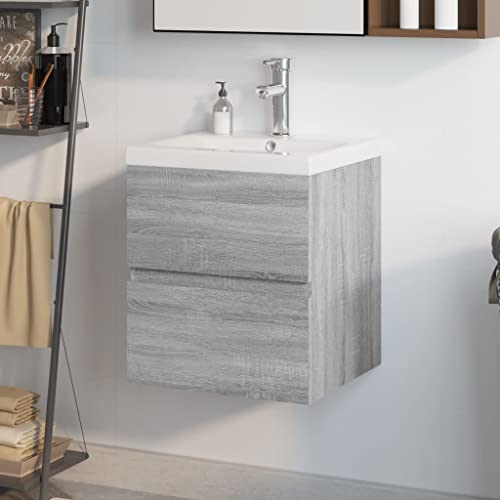 Massbinet Badezimmermöbel Set Unterschrank mit Keramikwaschbecken Spiegelschrank Hochscrank Grau Sonoma 41 x 38.5 x 45 cm Mit Wasserhahn & Abfluss von Massbinet