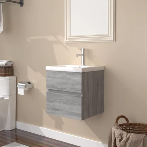 Massbinet Badezimmermöbel Set Unterschrank mit Keramikwaschbecken Spiegelschrank Hochscrank Grau Sonoma 41 x 38.5 x 45 cm Ohne Wasserhahn & Abfluss von Massbinet