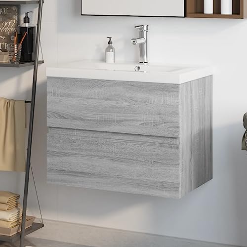 Massbinet Badezimmermöbel Set Unterschrank mit Keramikwaschbecken Spiegelschrank Hochscrank Grau Sonoma 60 x 38.5 x 45 cm Mit Wasserhahn & Abfluss von Massbinet