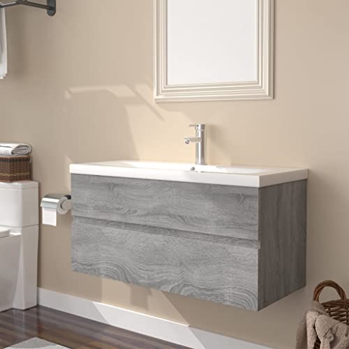 Massbinet Badezimmermöbel Set Unterschrank mit Keramikwaschbecken Spiegelschrank Hochscrank Grau Sonoma 90 x 38.5 x 45 cm Ohne Wasserhahn & Abfluss von Massbinet