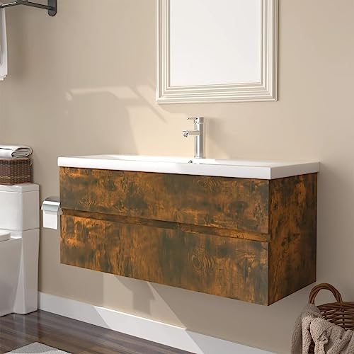 Massbinet Badezimmermöbel Set Unterschrank mit Keramikwaschbecken Spiegelschrank Hochscrank Räuchereiche 100 x 38.5 x 45 cm Ohne Wasserhahn & Abfluss von Massbinet