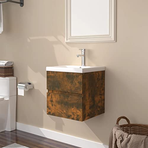 Massbinet Badezimmermöbel Set Unterschrank mit Keramikwaschbecken Spiegelschrank Hochscrank Räuchereiche 41 x 38.5 x 45 cm Ohne Wasserhahn & Abfluss von Massbinet