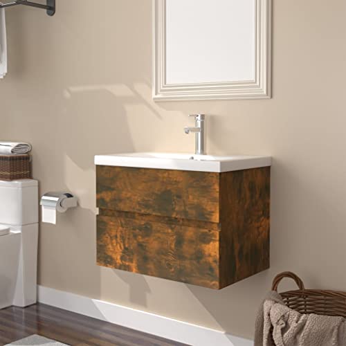 Massbinet Badezimmermöbel Set Unterschrank mit Keramikwaschbecken Spiegelschrank Hochscrank Räuchereiche 60 x 38.5 x 45 cm Ohne Wasserhahn & Abfluss Massbinet Badezimmermöbel Set Unterschrank mit Keramikwaschbecken Spiegelschrank Hochscrank Räuchereiche 60 x 38.5 x 45 cm Ohne Wasserhahn & Abfluss von Massbinet