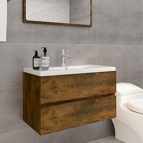 Massbinet Badezimmermöbel Set Unterschrank mit Keramikwaschbecken Spiegelschrank Hochscrank Räuchereiche 80 x 38.5 x 45 cm Ohne Wasserhahn & Abfluss von Massbinet