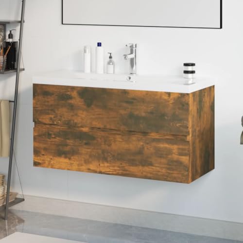 Massbinet Badezimmermöbel Set Unterschrank mit Keramikwaschbecken Spiegelschrank Hochscrank Räuchereiche 90 x 38.5 x 45 cm Mit Wasserhahn & Abfluss von Massbinet