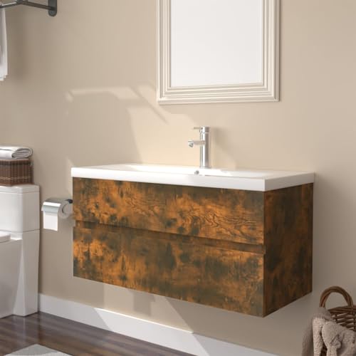 Massbinet Badezimmermöbel Set Unterschrank mit Keramikwaschbecken Spiegelschrank Hochscrank Räuchereiche 90 x 38.5 x 45 cm Ohne Wasserhahn & Abfluss von Massbinet