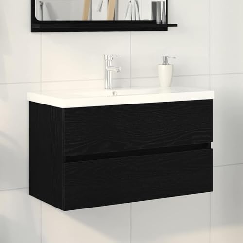 Massbinet Badezimmermöbel Set Unterschrank mit Keramikwaschbecken Spiegelschrank Hochscrank Schwarze Eiche 80 x 38.5 x 45 cm Ohne Wasserhahn von Massbinet