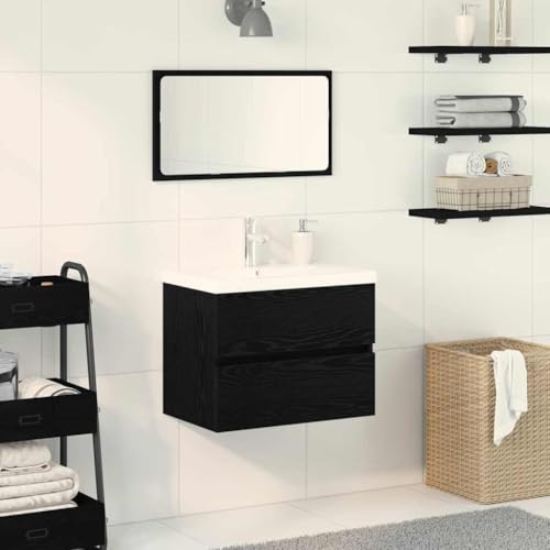Massbinet Badezimmermöbel Set Unterschrank mit Keramikwaschbecken Spiegelschrank Hochscrank Schwarze Eiche 90 x 38.5 x 45 cm Mit Wasserhahn und Ablauf Massbinet Badezimmermöbel Set Unterschrank mit Keramikwaschbecken Spiegelschrank Hochscrank Schwarze Eiche 90 x 38.5 x 45 cm Mit Wasserhahn und Ablauf von Massbinet