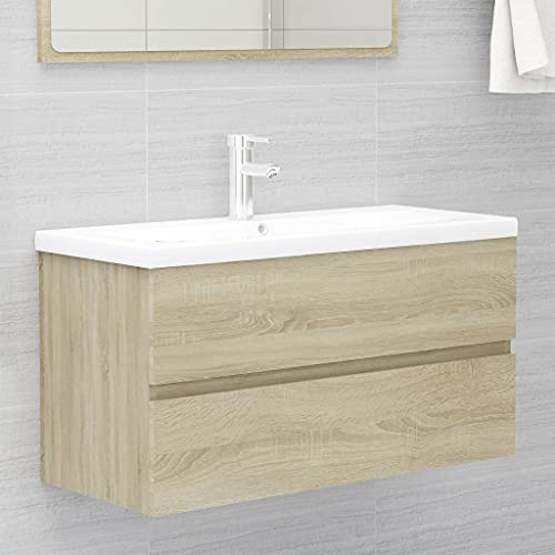 Massbinet Badezimmermöbel Set Unterschrank mit Keramikwaschbecken Spiegelschrank Hochscrank Sonoma Eiche 90 x 38.5 x 45 cm Mit Wasserhahn & Abfluss von Massbinet