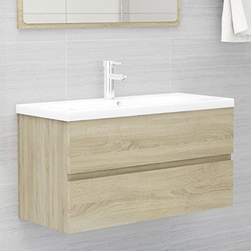 Massbinet Badezimmermöbel Set Unterschrank mit Keramikwaschbecken Spiegelschrank Hochscrank Sonoma Eiche 90 x 38.5 x 45 cm Ohne Wasserhahn & Abfluss von Massbinet
