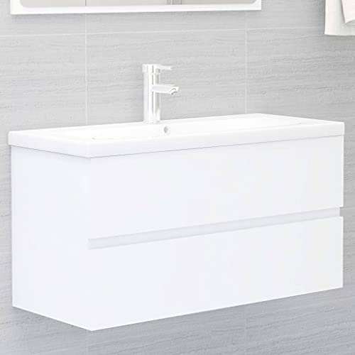 Massbinet Badezimmermöbel Set Unterschrank mit Keramikwaschbecken Spiegelschrank Hochscrank Weiß 90 x 38.5 x 45 cm Mit Wasserhahn & Abfluss von Massbinet