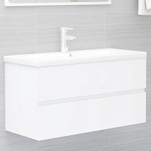 Massbinet Badezimmermöbel Set Unterschrank mit Keramikwaschbecken Spiegelschrank Hochscrank Weiß 90 x 38.5 x 45 cm Ohne Wasserhahn & Abfluss von Massbinet