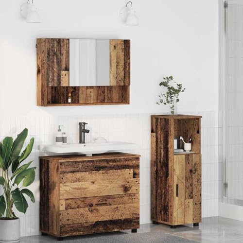 Massbinet Badmöbel Set Badezimmermöbel Set mit Regal 3 pcs Altholz 76cm Waschbeckenschrank von Massbinet