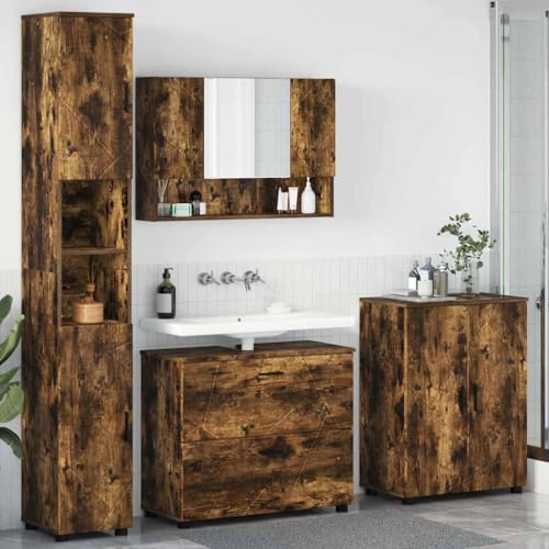 Massbinet Badmöbel Set Badezimmermöbel Set mit Tür 4 pcs Räuchereiche 76cm Waschbeckenschrank von Massbinet