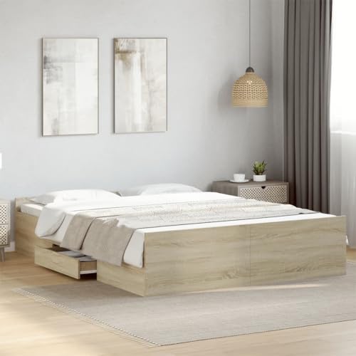 Massbinet Bett mit Lattenrost aus Holz Bettgestell mit Jugendbett Doppelbett mit großen Schubladen Bettgestell mit Schubladen Sonoma-Eiche 150x200cm Holzwerkstoff Massbinet Bett mit Lattenrost aus Holz Bettgestell mit Jugendbett Doppelbett mit großen Schubladen Bettgestell mit Schubladen Sonoma-Eiche 150x200cm Holzwerkstoff von Massbinet
