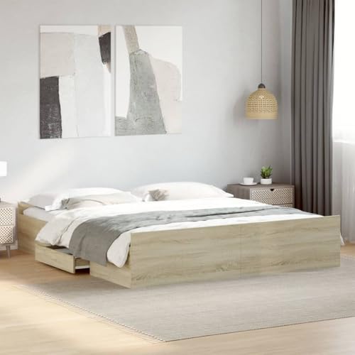 Massbinet Bett mit Lattenrost aus Holz Bettgestell mit Jugendbett Doppelbett mit großen Schubladen Bettgestell mit Schubladen Sonoma-Eiche 180x200cm Holzwerkstoff Massbinet Bett mit Lattenrost aus Holz Bettgestell mit Jugendbett Doppelbett mit großen Schubladen Bettgestell mit Schubladen Sonoma-Eiche 180x200cm Holzwerkstoff von Massbinet